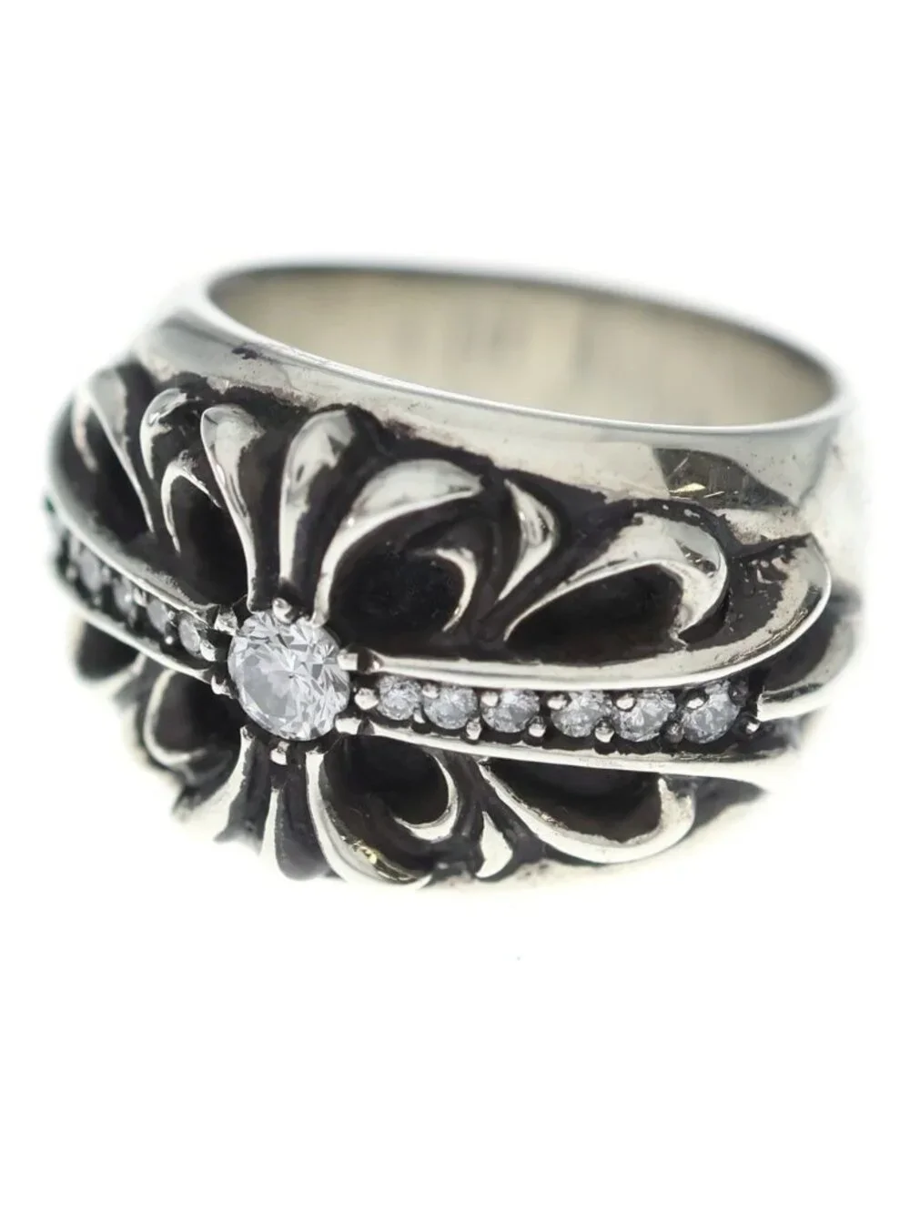 Chrome Hearts Flrl Crs P Dmnd Floral Black Sling Pave Diamond Silver Ring